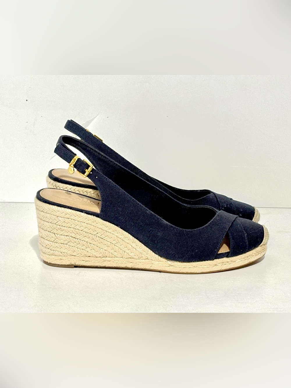 Ralph Lauren Navy Gold Canvas Espadrille Wedge Slingback Size 9 EUC - Picture 3 of 10
